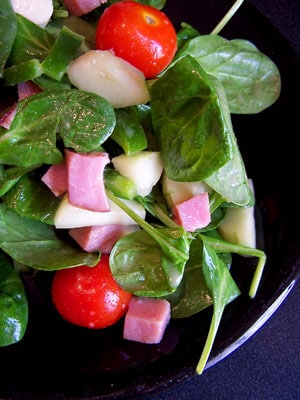 Ham & Cheese Spinach Salad with Tangy Mustard Dressing