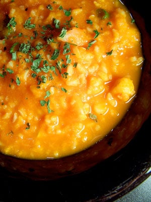 Ginger Carrot Soup with Shrimp and Rice