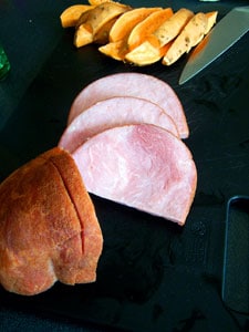 Grilled Ham Steaks with Sweet Potatoes cut up