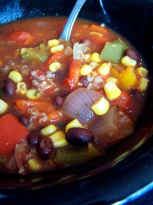 Roasted Veggie Soup with Black Beans and Bulgur