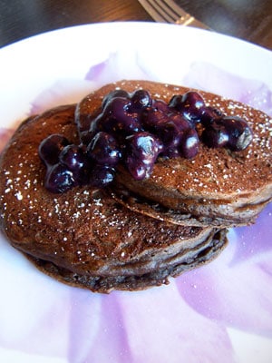Chocolate Banana Pancakes with Easy Blueberry Topping