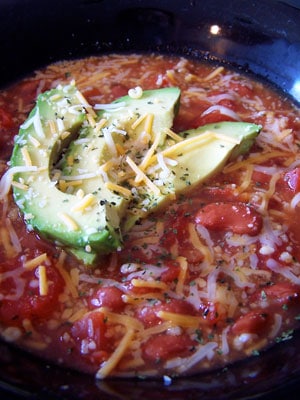 Taco-ish Soup with Couscous and Avocado