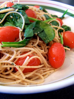 Simply Roasted Cherry Tomatoes with Spinach and Angel Hair