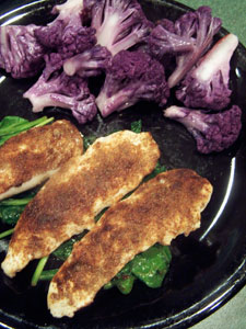 Idea: Twitter Inspired Moroccan Spiced Chicken over Wilted Spinach with Purple Cauliflower