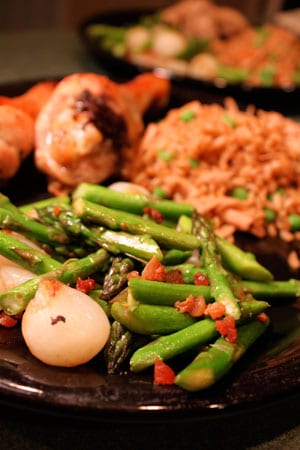 Roasted Asparagus with Pearl Onions and Bacon Bits