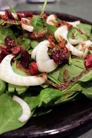Spinach and Fennel Salad with Garlic Balsamic Vinaigrette and Dried Berries