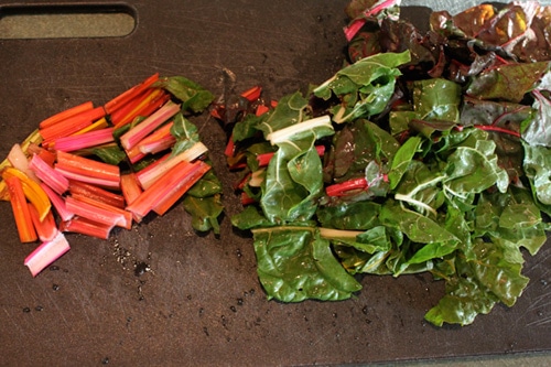 Whole Wheat Pasta with Rainbow Chard and White Beans - cut up chard