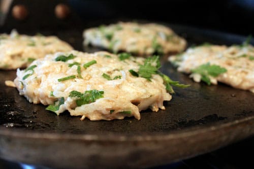 Turnip Parsley Cakes - cooking