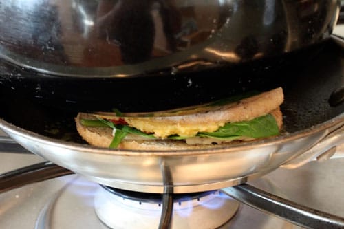 Grilled Hummus and Feta Sandwich with Sun-Dried Tomatoes and Baby Spinach - press