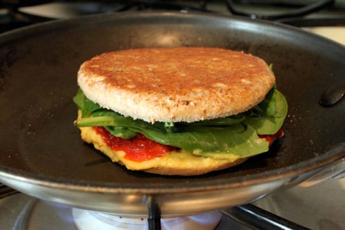 Grilled Hummus and Feta Sandwich with Sun-Dried Tomatoes and Baby Spinach - finished