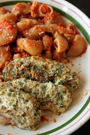 Idea: Parmesan Dusted Chicken Fingers with Whole Wheat Pasta and Sun-Dried Tomato Sauce