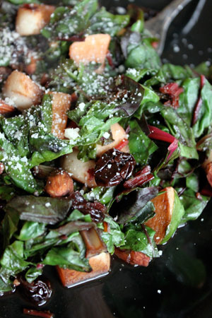 Warm Chard Salad with Turnips, Almonds and Dried Cherries
