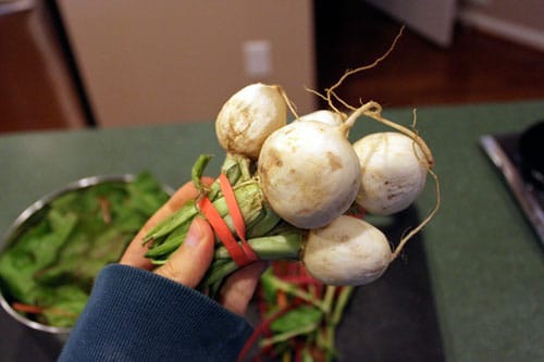 Warm Chard Salad with Turnips, Almonds and Dried Cherries - turnips