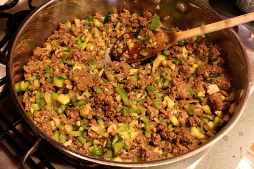 Deep Dish Crescent Pizza Casserole - add the vegetables