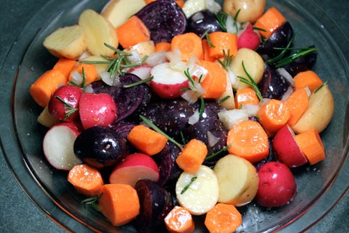 Colorful Roasted Potatoes with Carrots and Rosemary before