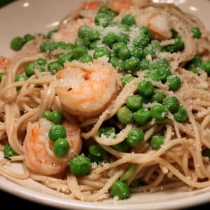 shrimp and pea pasta featured