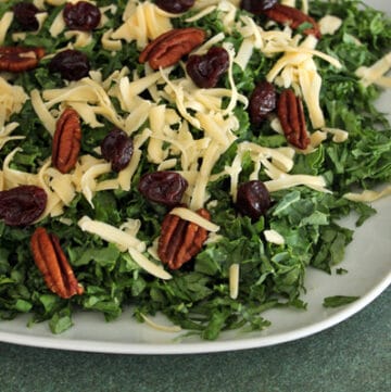 Finished Kale salad with Pecans, Dried Cherries and Gouda