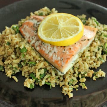 Salmon over a Super Quick Brown Rice and Quinoa Pilaf - Finished Plate