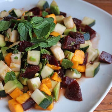 Chopped Beet, Avocado and Zucchini Salad with Thyme, Lime Juice and Fresh Mint Plated