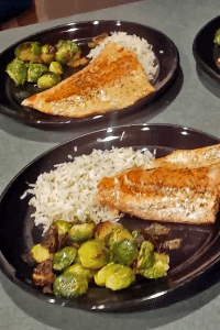 Thyme Salmon with Maple Cayenne Brussels Sprouts and Flavored Rice Portrait