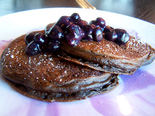 Chocolate Banana Pancakes with Easy Blueberry Topping close up
