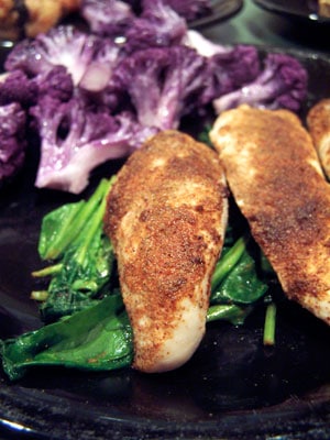 Idea: Twitter Inspired Moroccan Spiced Chicken over Wilted Spinach with Purple Cauliflower