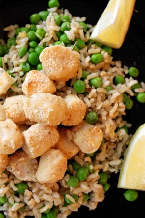 Oat Crusted bay Scallops with Peas and Brown Rice