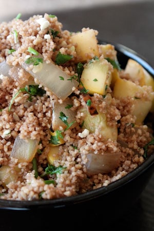 Yellow Squash and Pom Couscous Salad with Cilantro and Feta