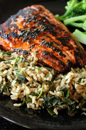 Summer Salmon Over Cilantro-Lime Rice with Kale