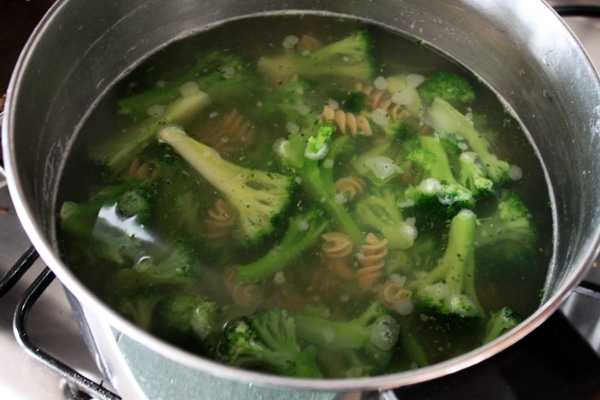 Broccoli in pasta pot. 