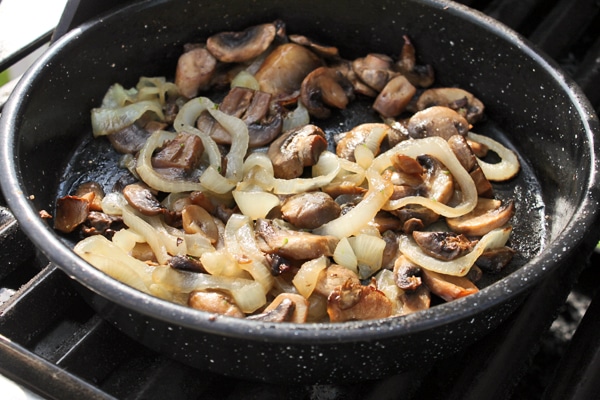Grilled Mushroom and Onion Topper During Cooking