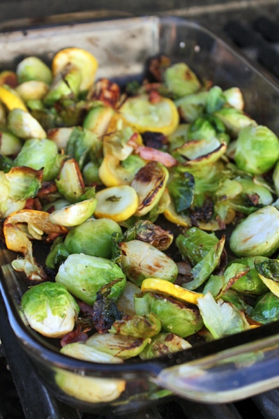 Grill Roasted Brussels Sprouts with Yellow Squash and Bacon 