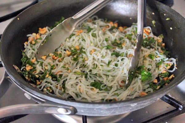 Shirataki Noodles with Basil and Cashews - cooking