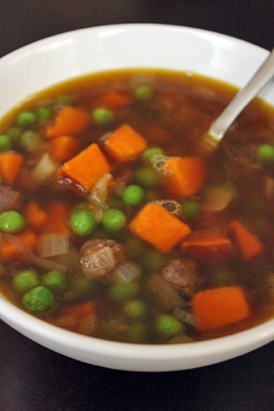 Breakfast Sausage and Sweet Potato Soup with Peas