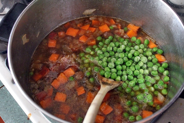 Breakfast Sausage and Sweet Potato Soup with Peas - cooking 3