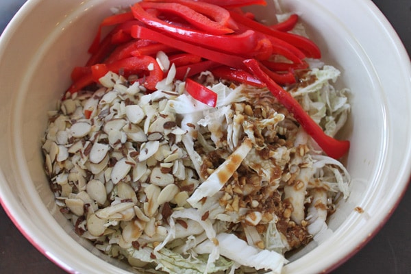 Napa Cabbage Salad with Ginger, Red Peppers and Almonds Before Toss