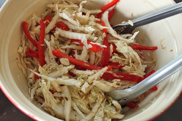 Napa Cabbage Salad with Ginger, Red Peppers and Almonds After Toss