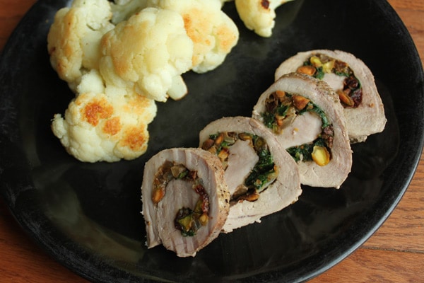Plate of Pistachio and Dried Cherry Stuffed Pork Loin