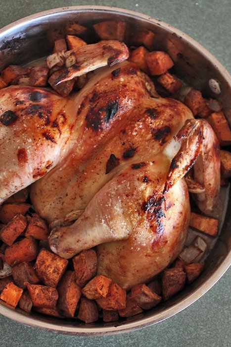 Spatchcock Chicken with Maple Spiced Sweet Potatoes