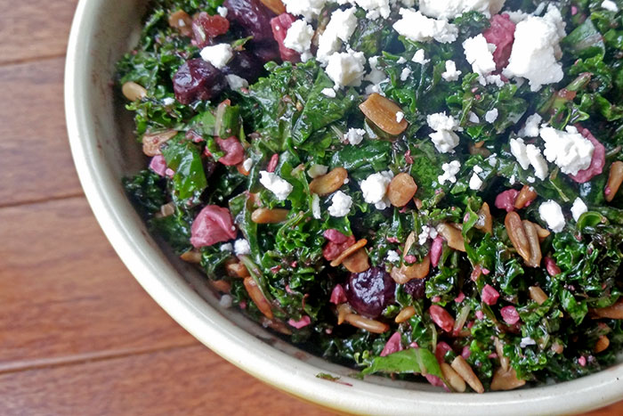 Overnight Kale and Blueberry Salad with Feta and Sunflower Seeds
