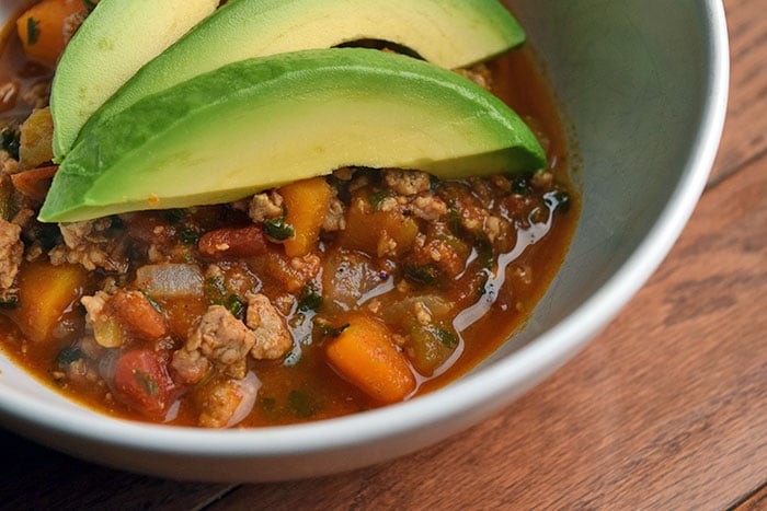 Ground Turkey and Butternut Squash Chili topped with avocado