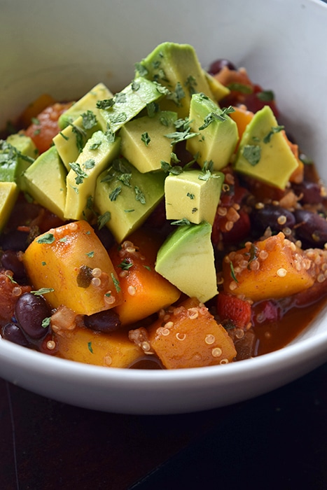 Vegetarian Black Bean, Butternut and Quinoa Chili topped with Avocado