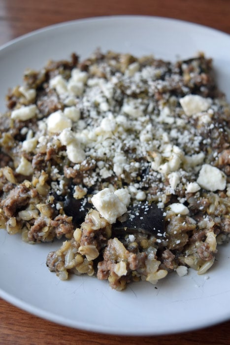 Beef, Eggplant & Brown Rice topped with feta