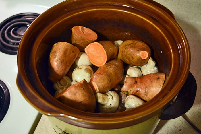 before cooking - Beef Stew with Sweet Potatoes, Mushrooms and Smashed Garlic