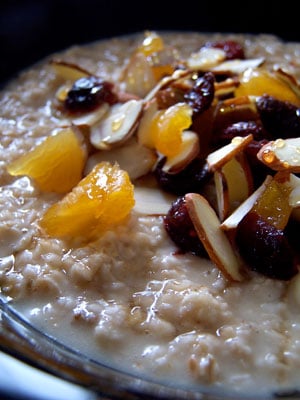 Green Tea Oatmeal with Dried Fruit and Slivered Almonds