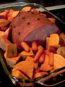 Baked Ham with Sweet Potatoes and Carrots - before