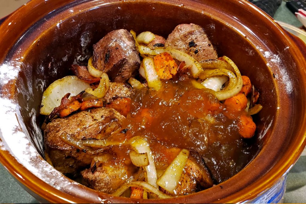 A Beef Bourguignon in crockpot