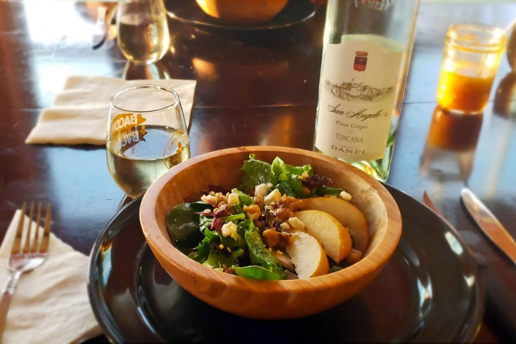 salad with pear and maple dijon dressing and wine!