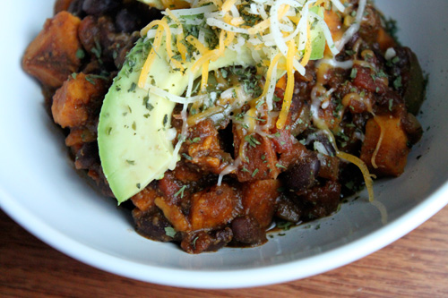 Spicy Sweet Potato and Black Bean Chili with Avocado