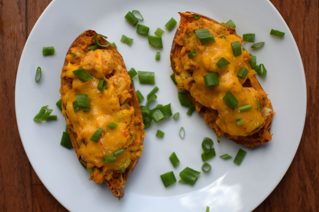 Two Curried Chicken Stuffed Sweet Potatoes